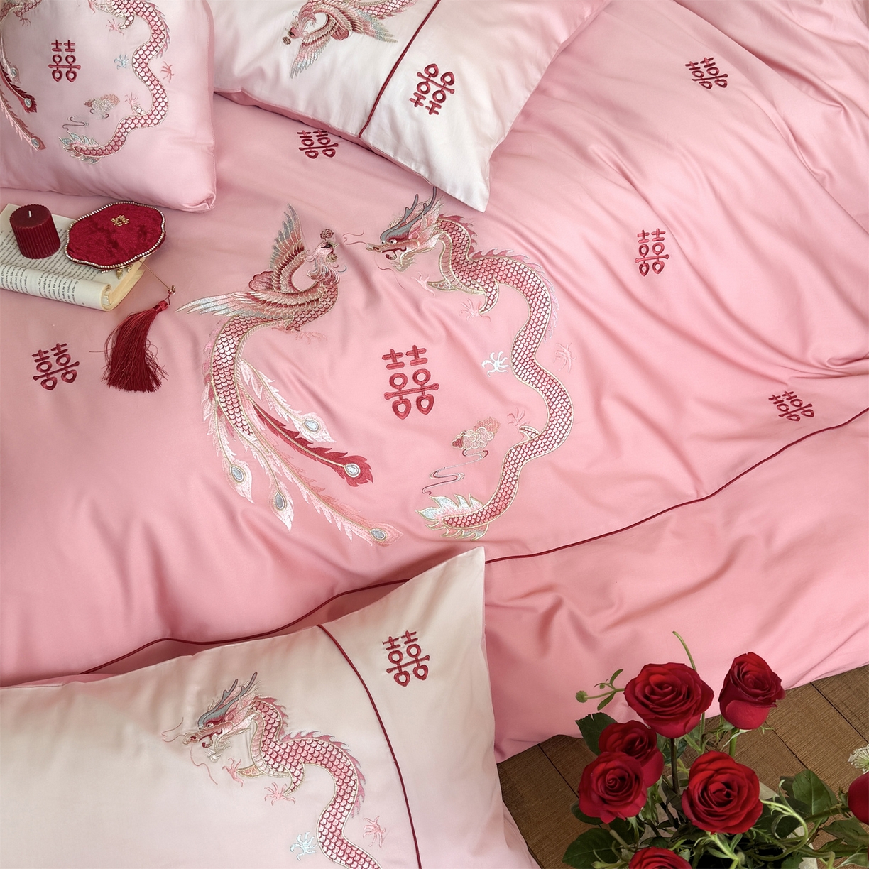 91家纺网 家纺一手货源 找家纺 江涞 2026新款100长绒棉数码印花刺绣四件套-承欢 承欢-粉