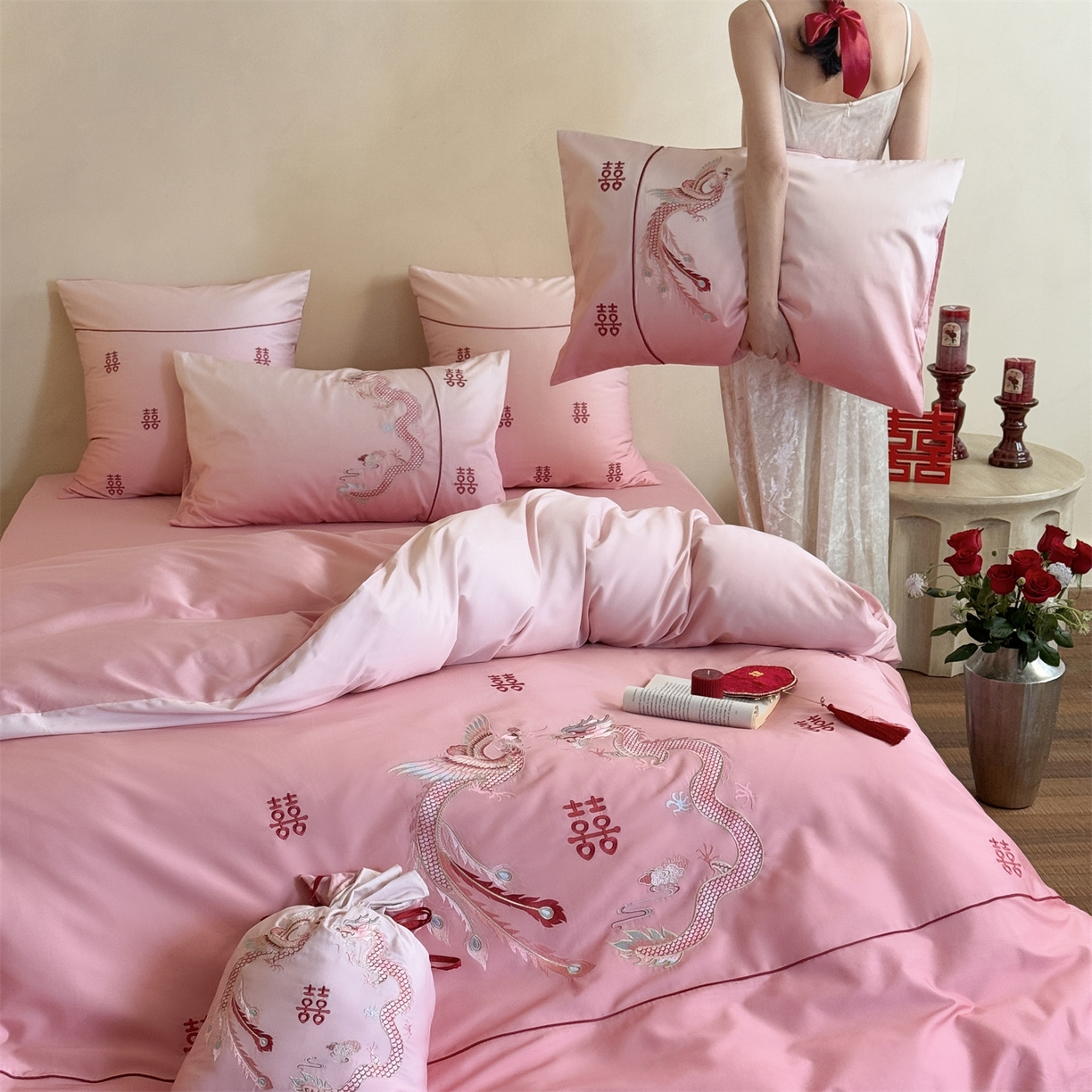 江涞 2026新款100长绒棉数码印花刺绣四件套-承欢 承欢-粉