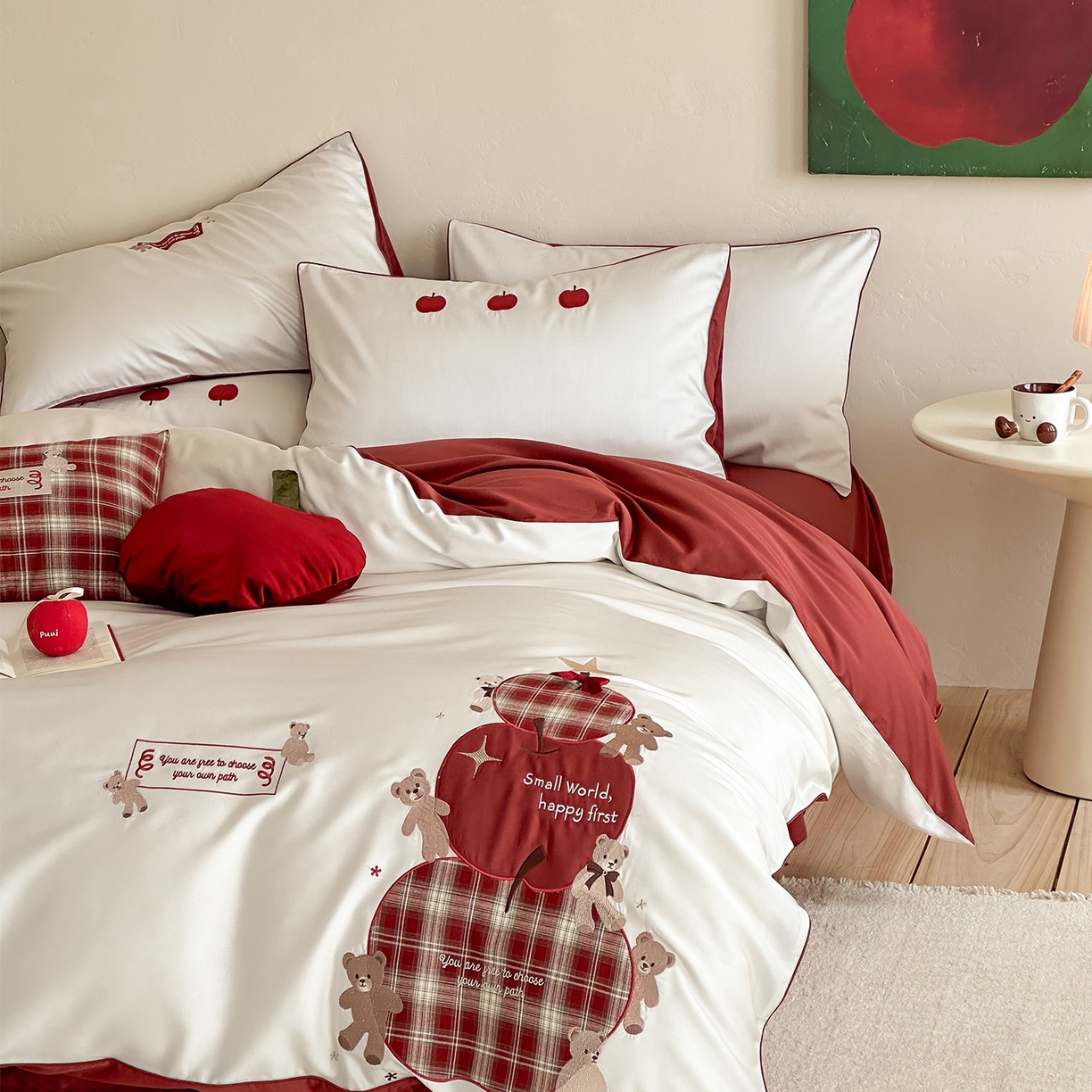 91家纺网 家纺一手货源 找家纺 （总）极简 2026春夏新款100S长绒棉纯棉四件套-苹果小熊