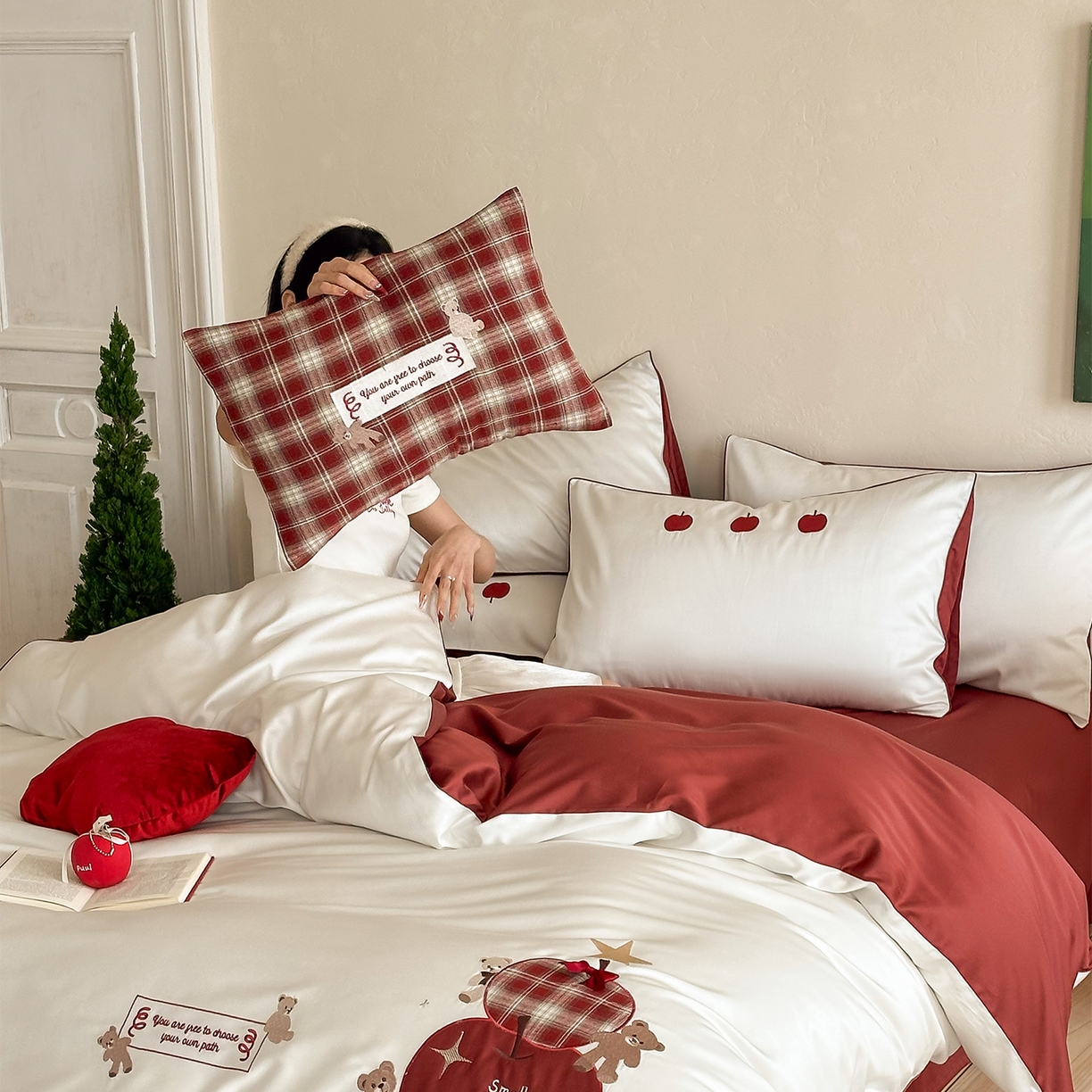 91家纺网 家纺一手货源 找家纺 （总）极简 2026春夏新款100S长绒棉纯棉四件套-苹果小熊