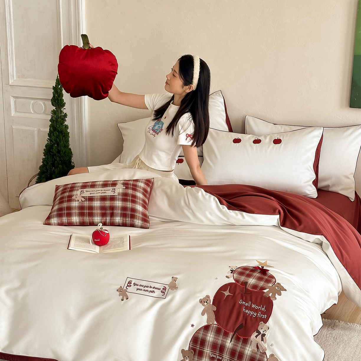 91家纺网 家纺一手货源 找家纺 （总）极简 2026春夏新款100S长绒棉纯棉四件套-苹果小熊