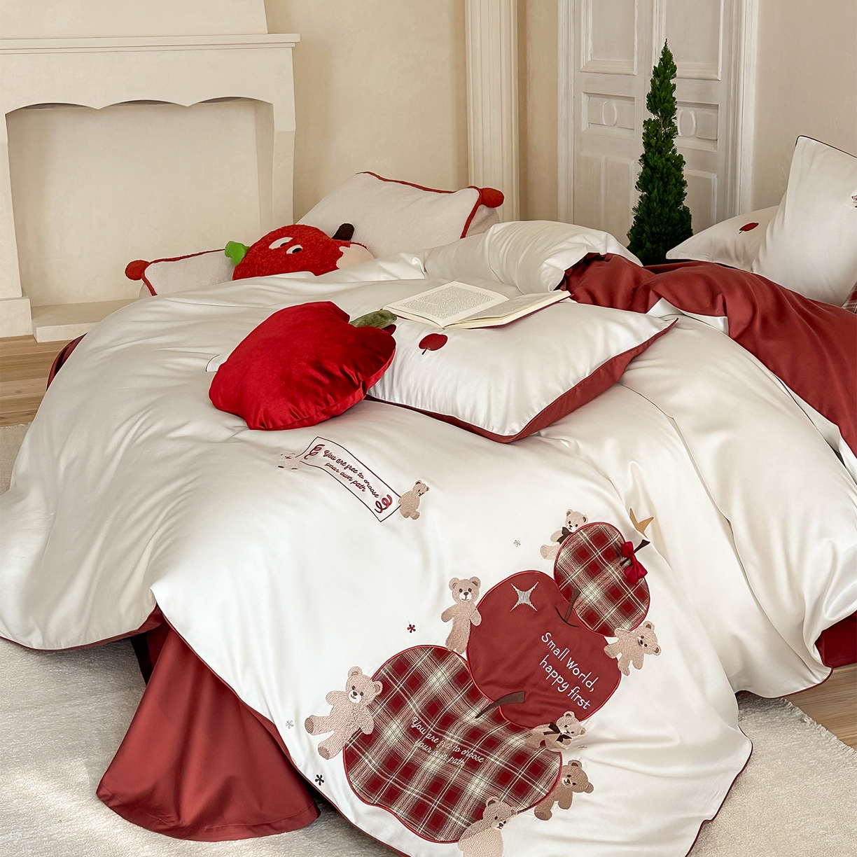 91家纺网 家纺一手货源 找家纺 （总）极简 2026春夏新款100S长绒棉纯棉四件套-苹果小熊