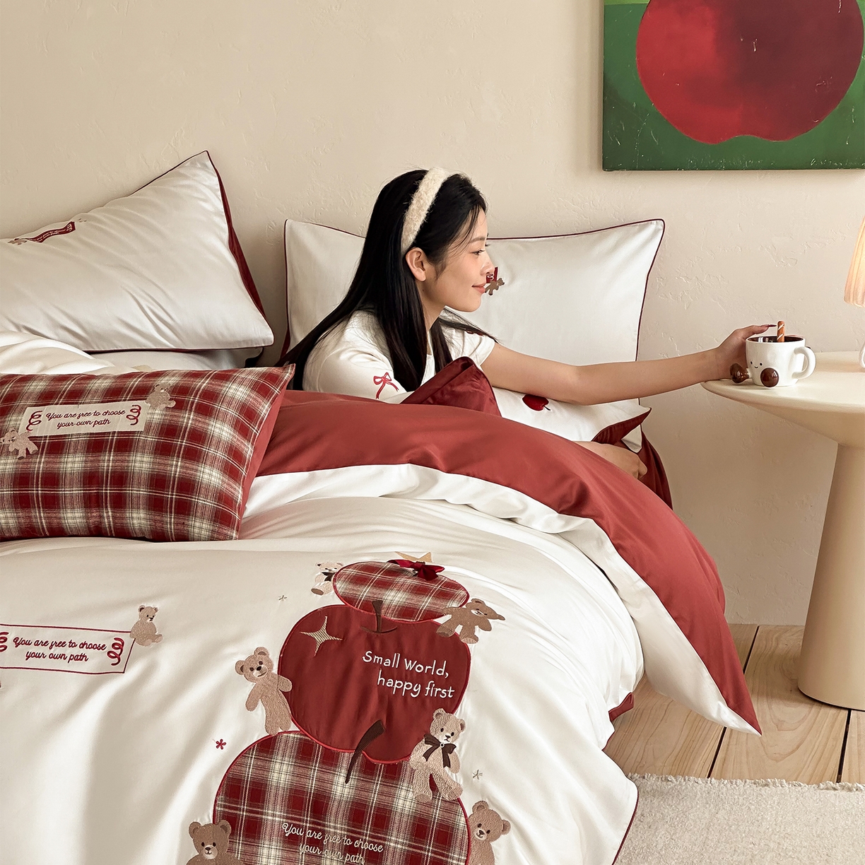 91家纺网 家纺一手货源 找家纺 （总）极简 2026春夏新款100S长绒棉纯棉四件套-苹果小熊