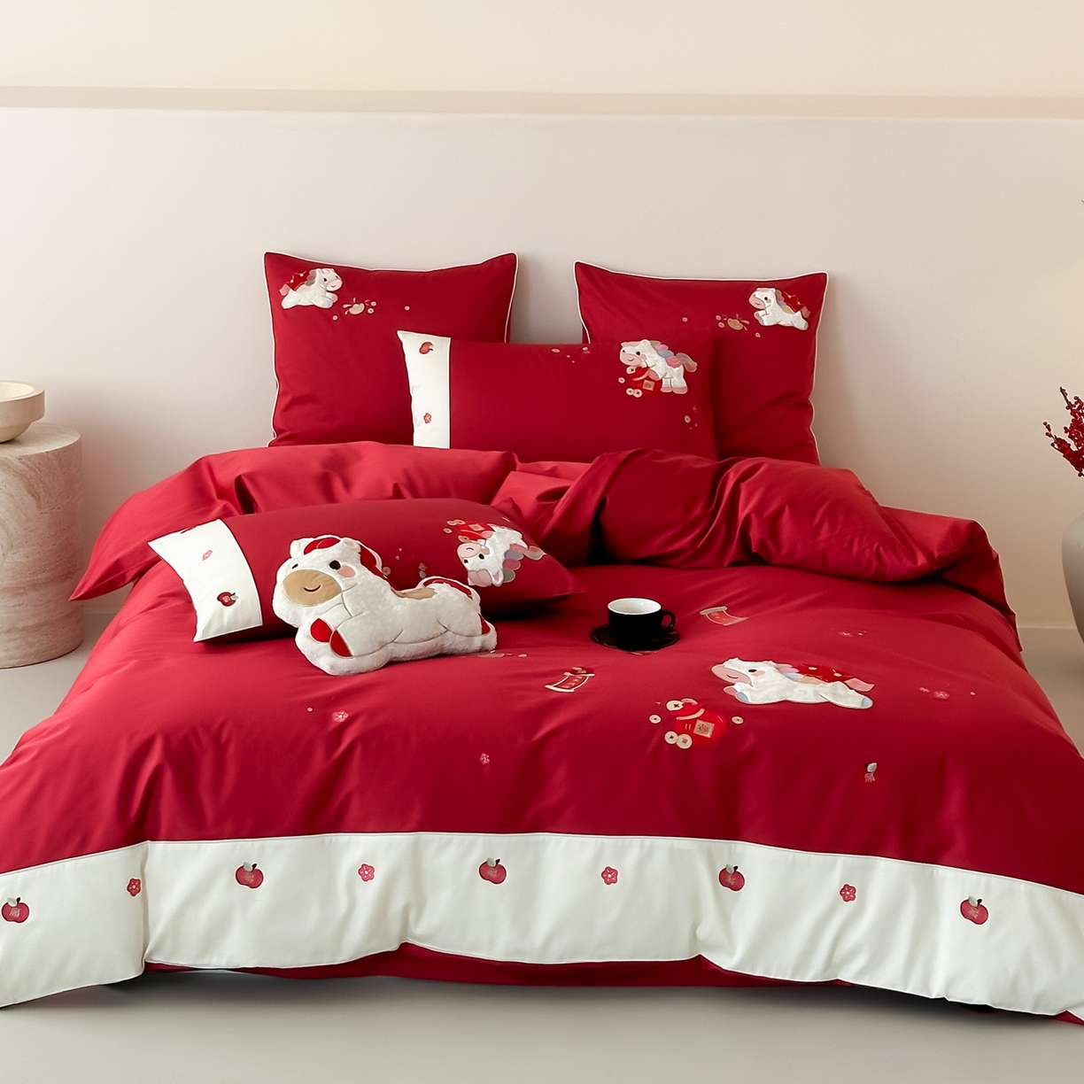 （总）佳汐蓝家纺 2026春夏新款长绒棉纯棉贴布刺绣四件套-小马奔腾