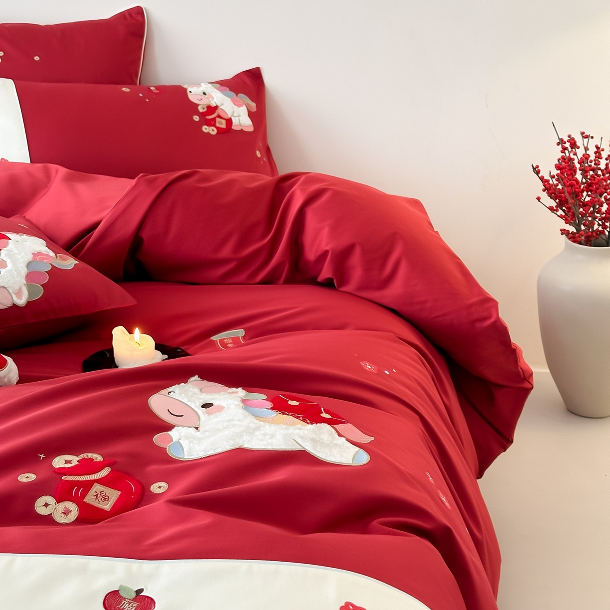 91家纺网 家纺一手货源 找家纺 （总）佳汐蓝家纺 2026春夏新款长绒棉纯棉贴布刺绣四件套-小马奔腾