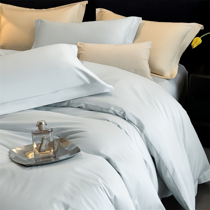 91家纺网 家纺一手货源 找家纺 朵希曼 2026春夏新款纯色贡缎长绒棉纯棉系列四件套 湖水兰