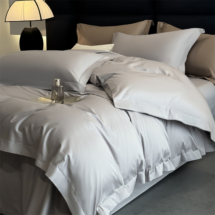 91家纺网 家纺一手货源 找家纺 朵希曼 2026春夏新款纯色贡缎长绒棉纯棉系列四件套 典雅灰