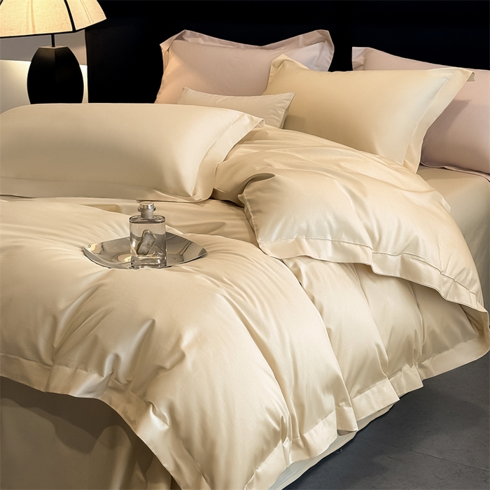 91家纺网 家纺一手货源 找家纺 朵希曼 2026春夏新款纯色贡缎长绒棉纯棉系列四件套 米黄