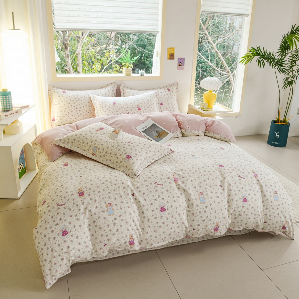 91家纺网 家纺一手货源 找家纺 缘舒家纺 2026新款全棉纯棉印花四件套 花寻觅兔-卡通类