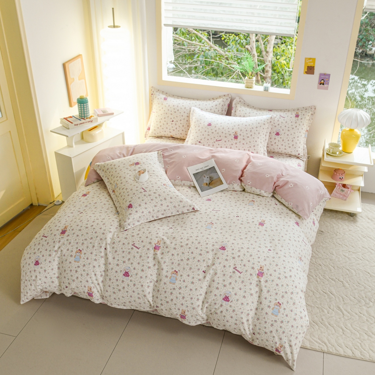 91家纺网 家纺一手货源 找家纺 缘舒家纺 2026新款全棉纯棉印花四件套 花寻觅兔-卡通类