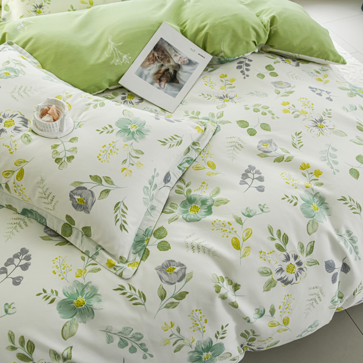 91家纺网 家纺一手货源 找家纺 缘舒家纺 2026新款全棉纯棉印花四件套 花韵花香-绿