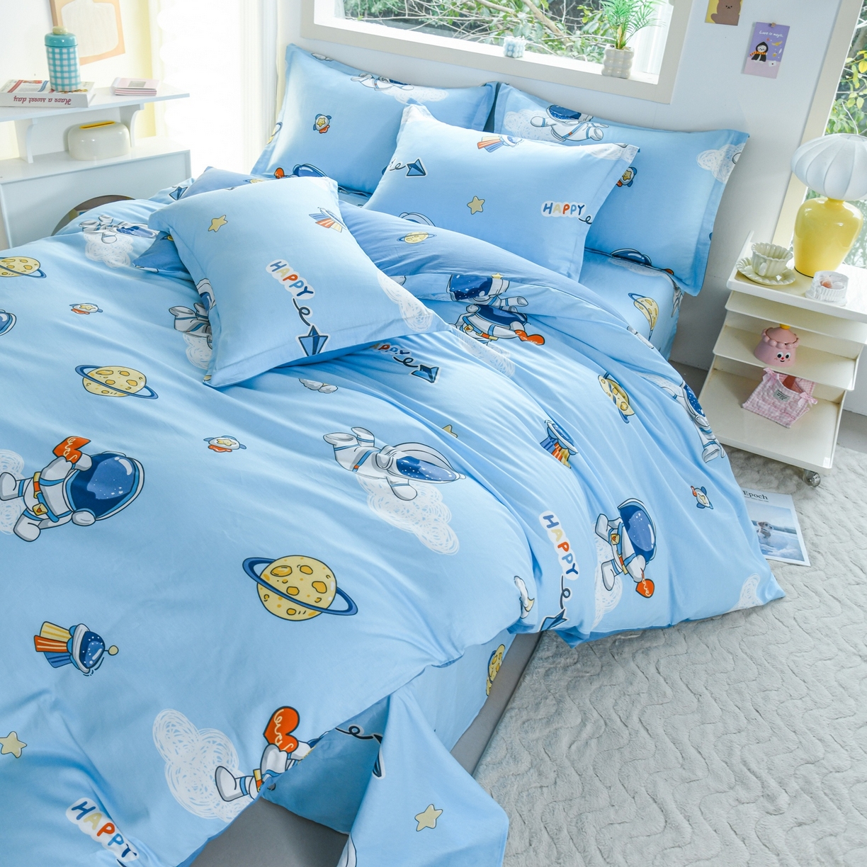 91家纺网 家纺一手货源 找家纺 缘舒家纺 2026新款全棉纯棉印花四件套 卡通类-太空奇遇-大板