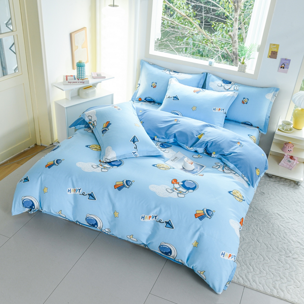 91家纺网 家纺一手货源 找家纺 缘舒家纺 2026新款全棉纯棉印花四件套 卡通类-太空奇遇-大板