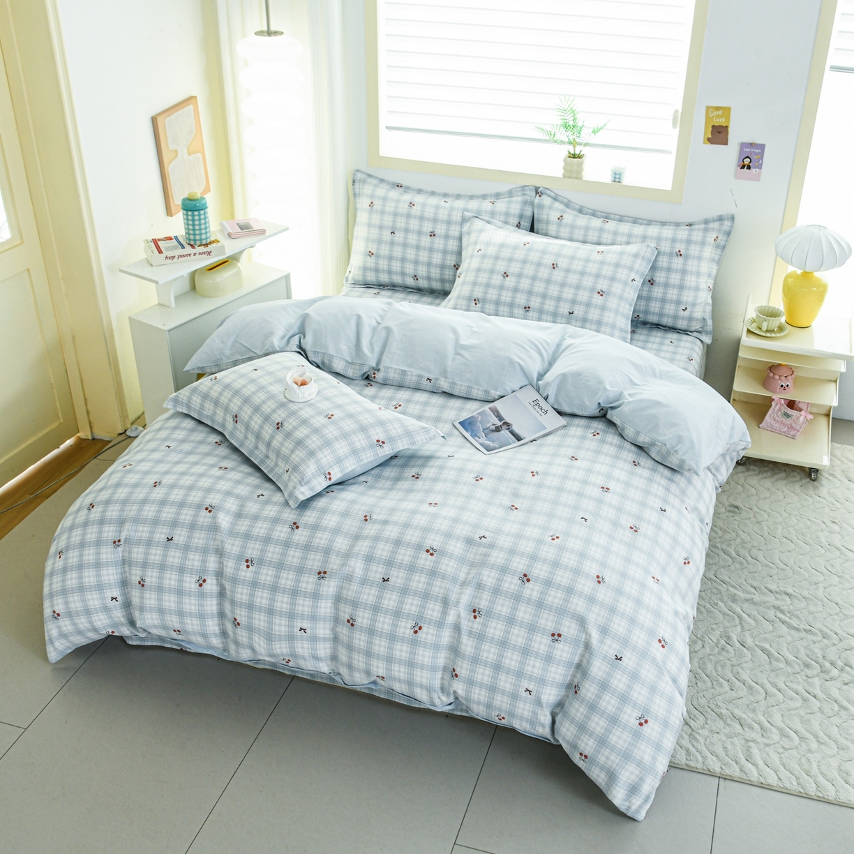 91家纺网 家纺一手货源 找家纺 缘舒家纺 2026新款全棉纯棉印花四件套 蓝格樱桃