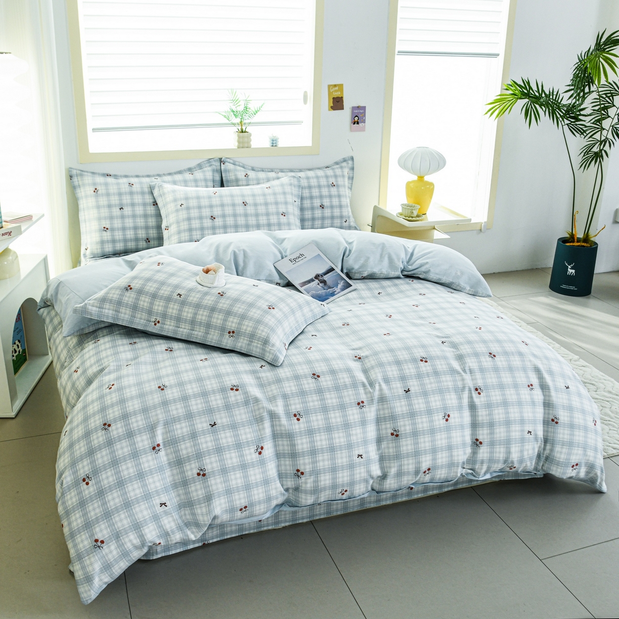 91家纺网 家纺一手货源 找家纺 缘舒家纺 2026新款全棉纯棉印花四件套 蓝格樱桃