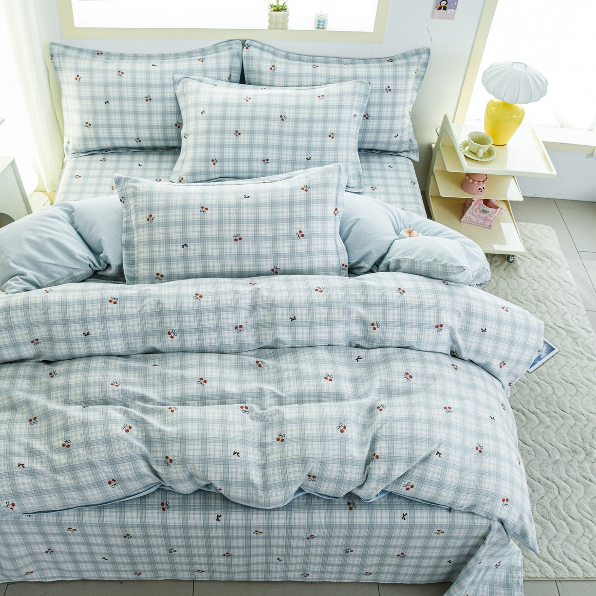 91家纺网 家纺一手货源 找家纺 缘舒家纺 2026新款全棉纯棉印花四件套 蓝格樱桃