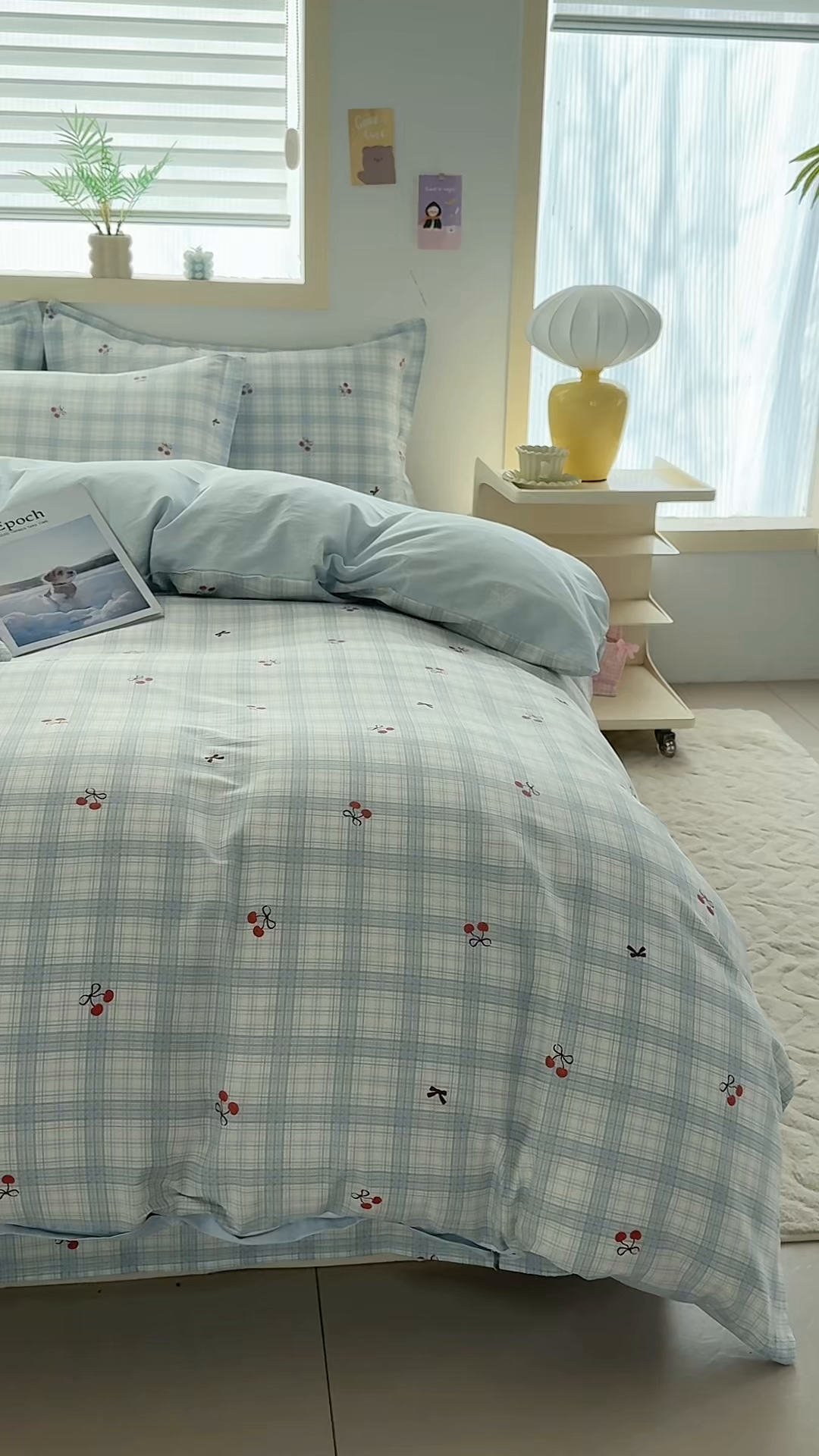 91家纺网 家纺一手货源 找家纺 缘舒家纺 2026新款全棉纯棉印花四件套 蓝格樱桃