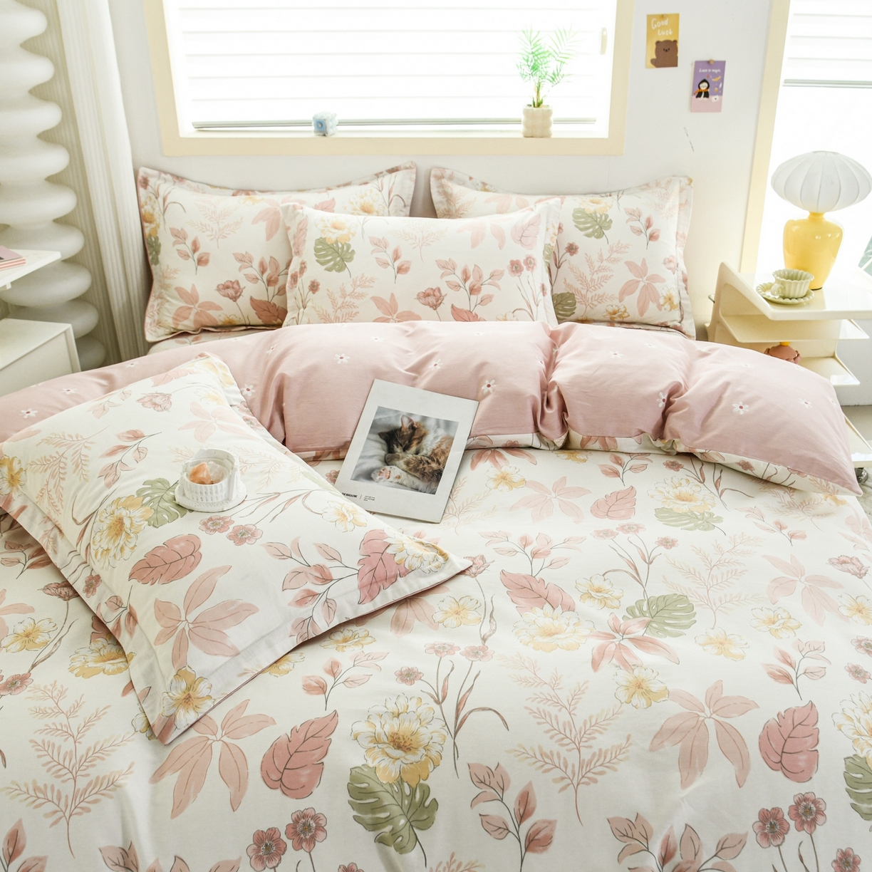 91家纺网 家纺一手货源 找家纺 缘舒家纺 2026新款全棉纯棉印花四件套 叶柔-粉