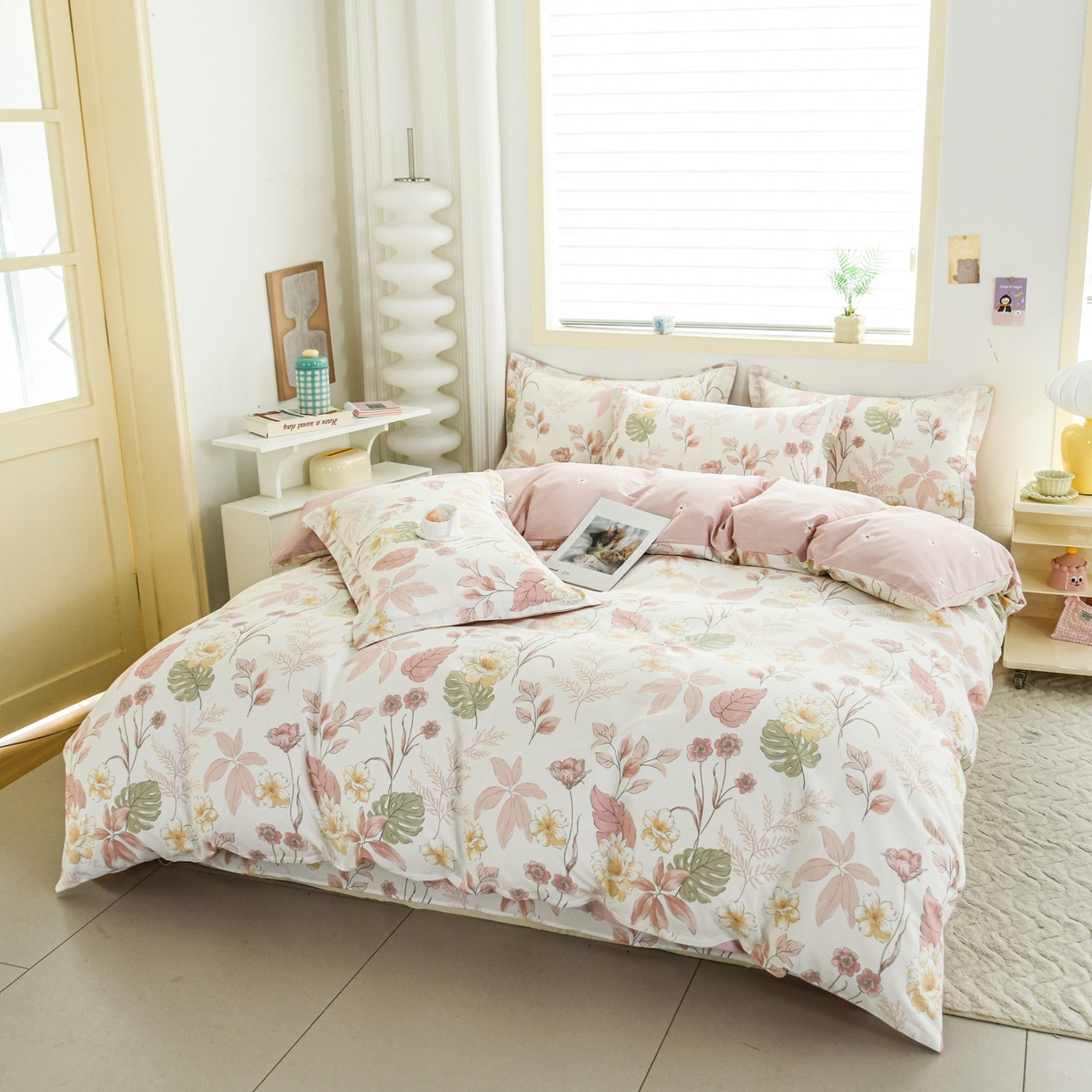 91家纺网 家纺一手货源 找家纺 缘舒家纺 2026新款全棉纯棉印花四件套 叶柔-粉