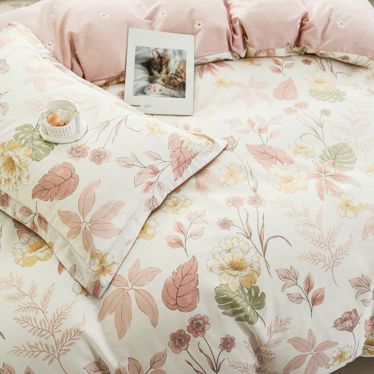 91家纺网 家纺一手货源 找家纺 缘舒家纺 2026新款全棉纯棉印花四件套 叶柔-粉