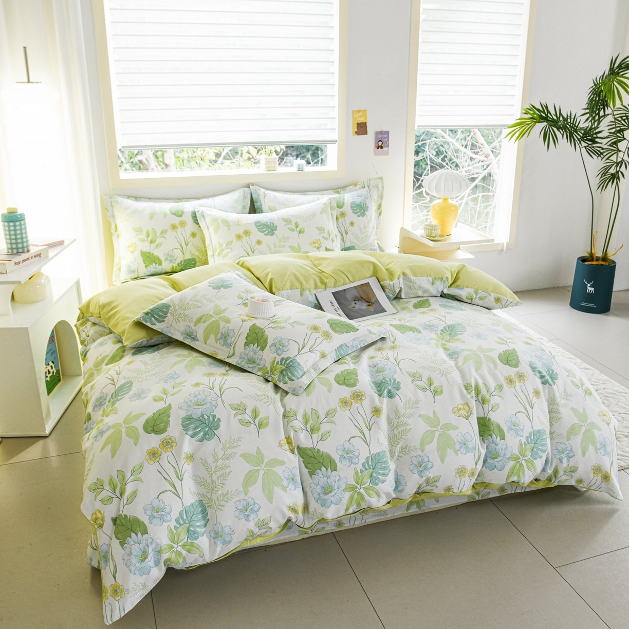 91家纺网 家纺一手货源 找家纺 缘舒家纺 2026新款全棉纯棉印花四件套 叶柔-绿