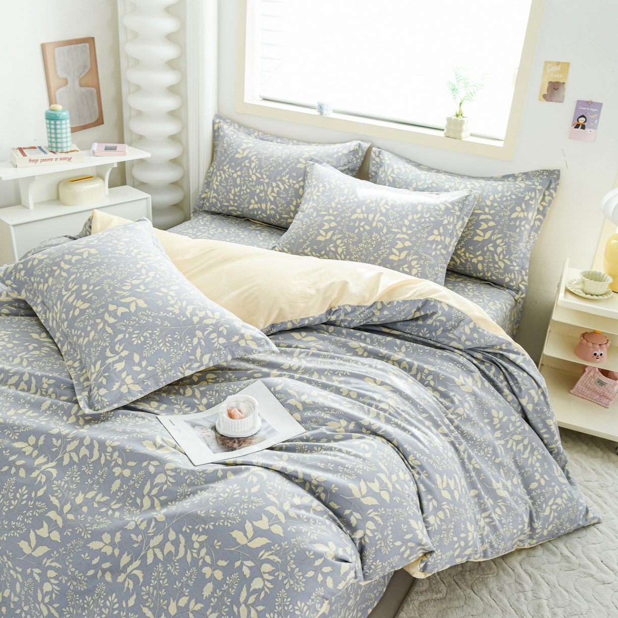 91家纺网 家纺一手货源 找家纺 缘舒家纺 2026新款全棉纯棉印花四件套 叶韵-灰