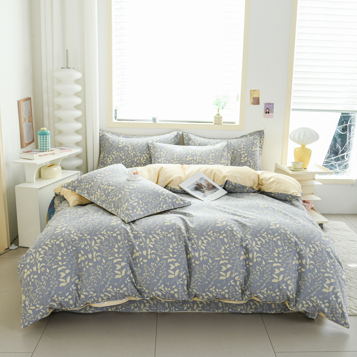 91家纺网 家纺一手货源 找家纺 缘舒家纺 2026新款全棉纯棉印花四件套 叶韵-灰