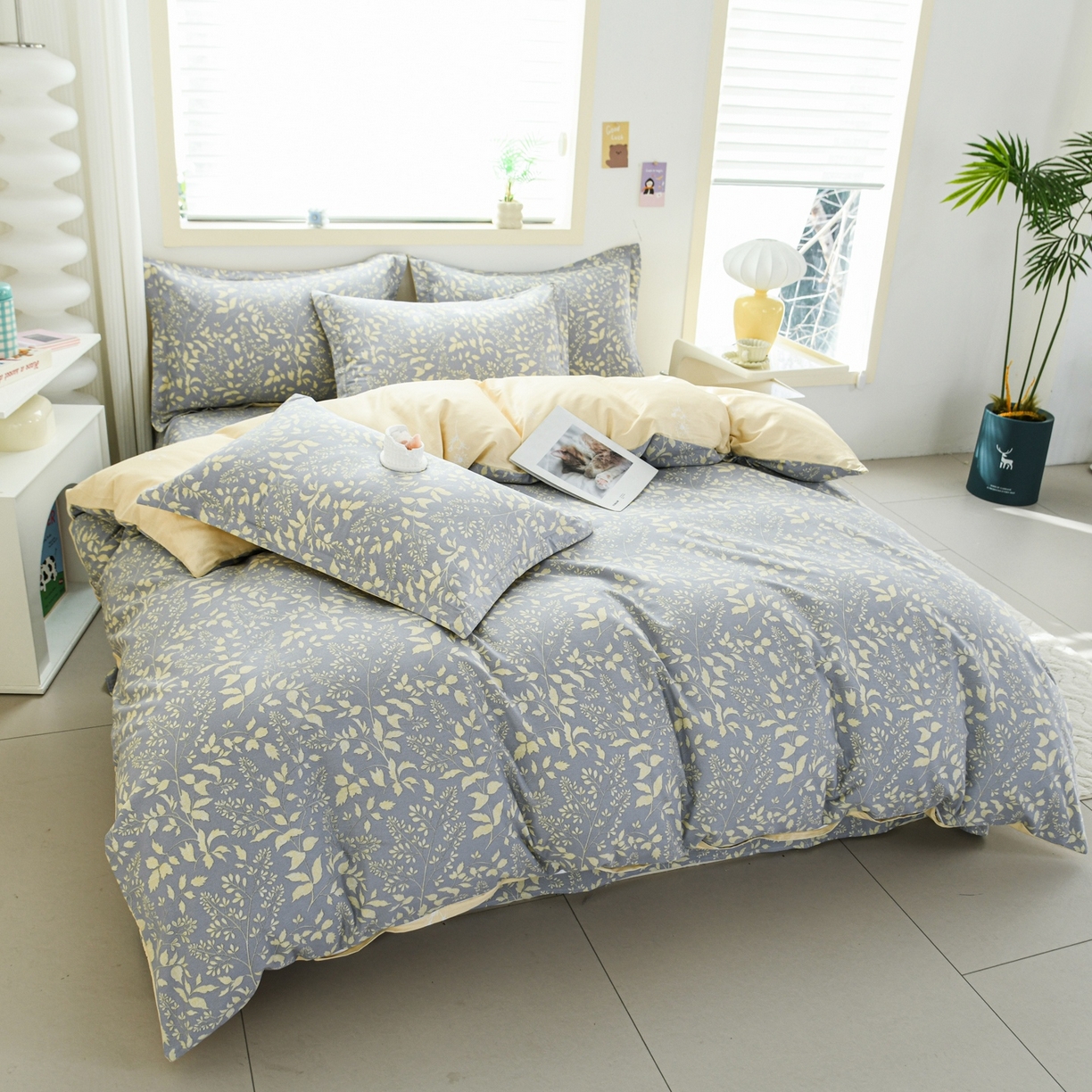 91家纺网 家纺一手货源 找家纺 缘舒家纺 2026新款全棉纯棉印花四件套 叶韵-灰