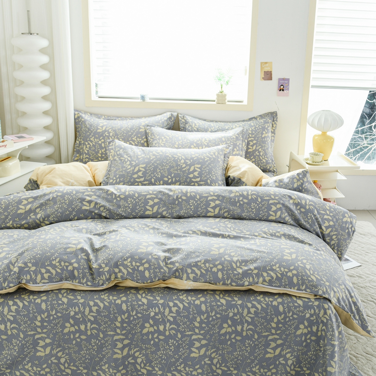 91家纺网 家纺一手货源 找家纺 缘舒家纺 2026新款全棉纯棉印花四件套 叶韵-灰