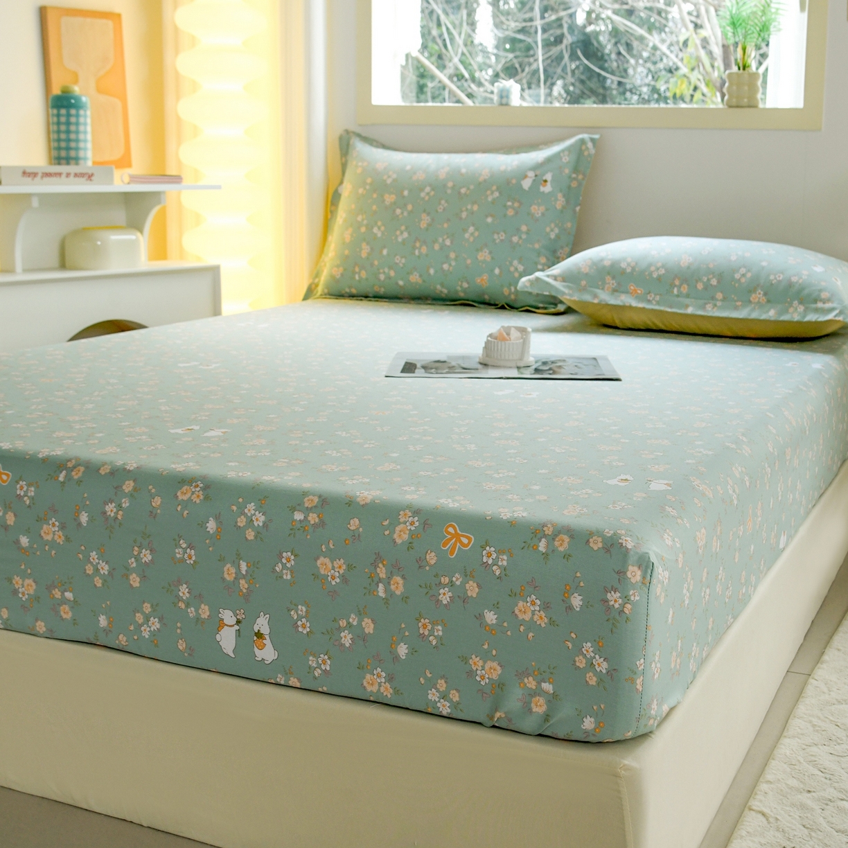 91家纺网 家纺一手货源 找家纺 缘舒家纺 2026新款全棉纯棉印花单床笠床笠单件 花间兔