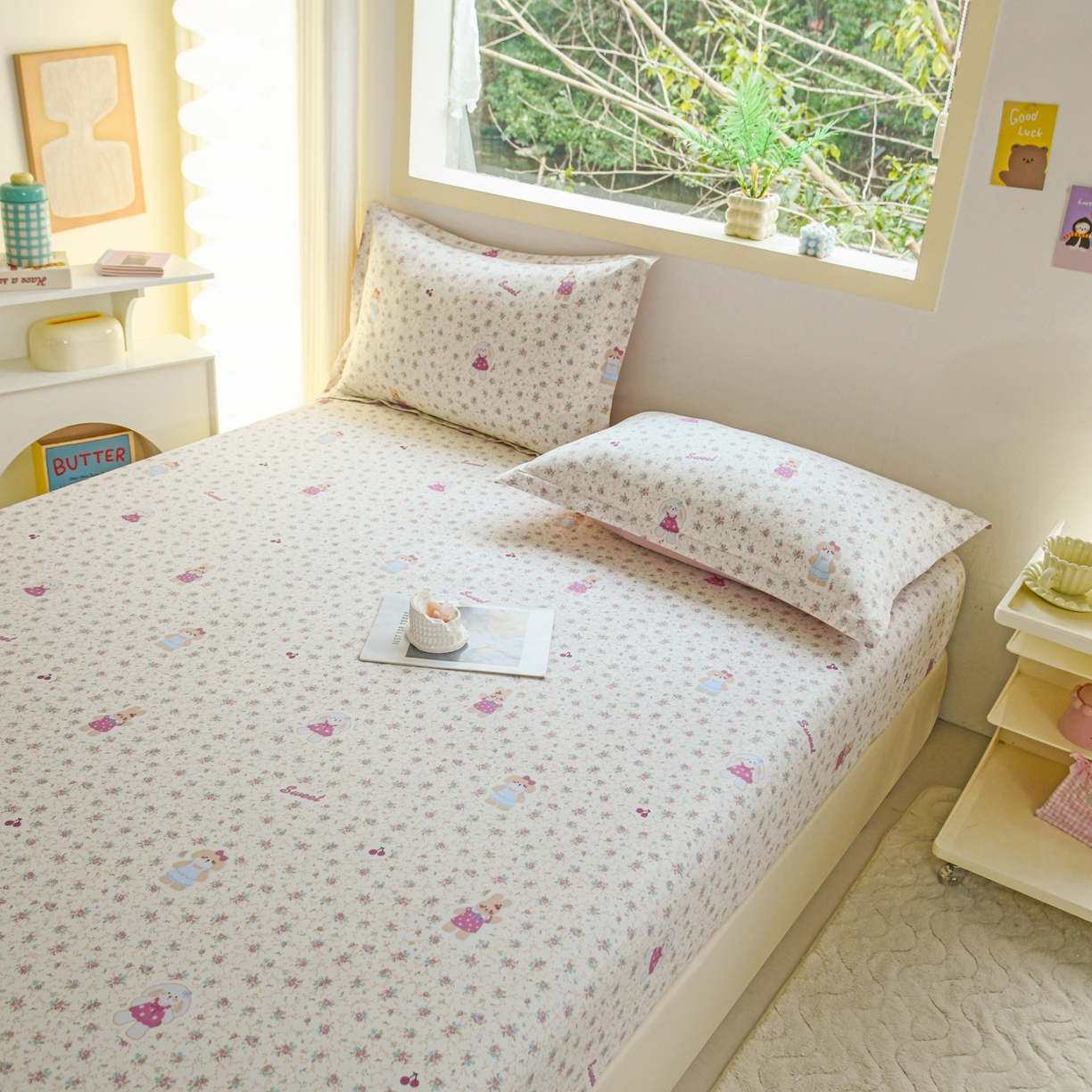 91家纺网 家纺一手货源 找家纺 缘舒家纺 2026新款全棉纯棉印花单床笠床笠单件 花寻觅兔-卡通类