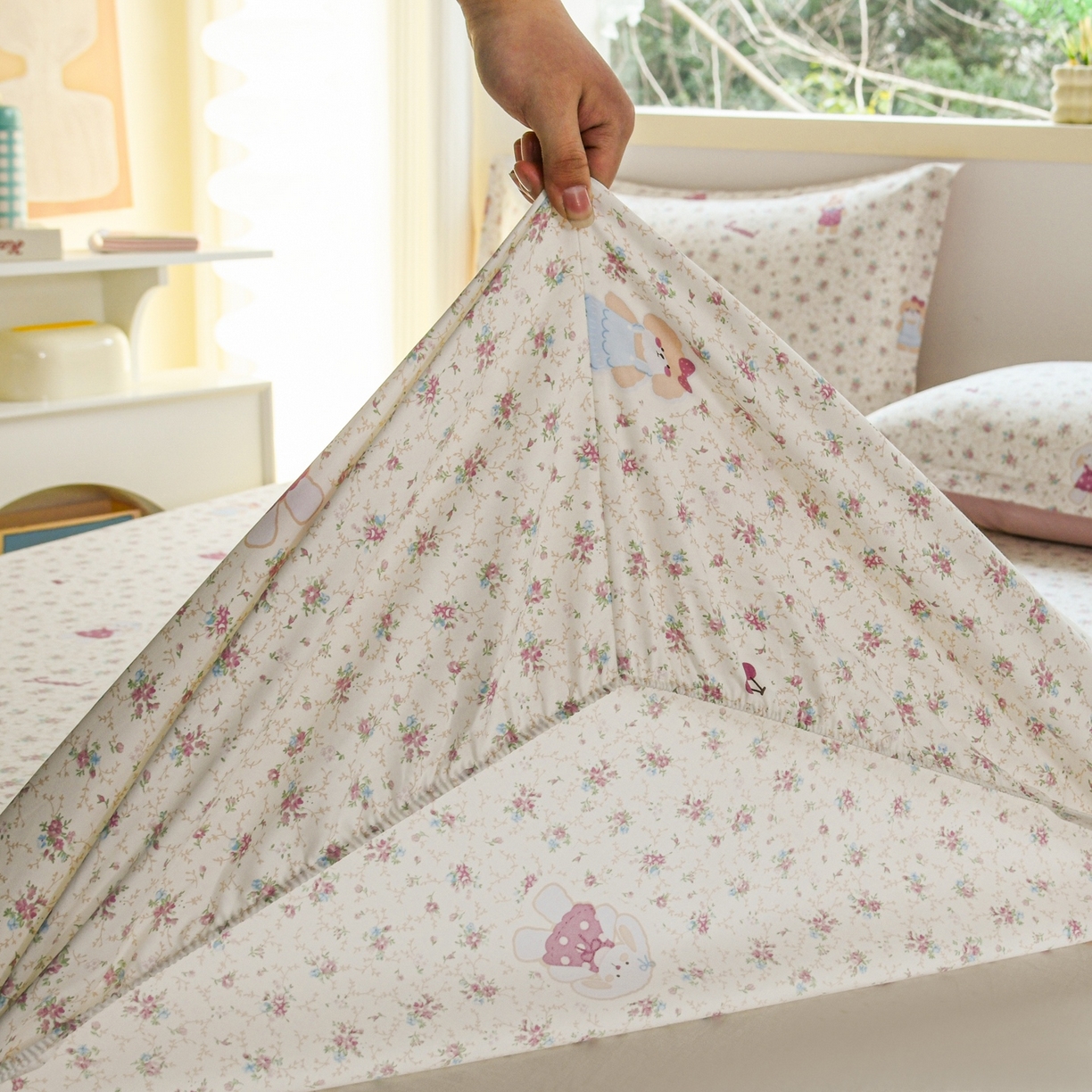 91家纺网 家纺一手货源 找家纺 缘舒家纺 2026新款全棉纯棉印花单床笠床笠单件 花寻觅兔-卡通类
