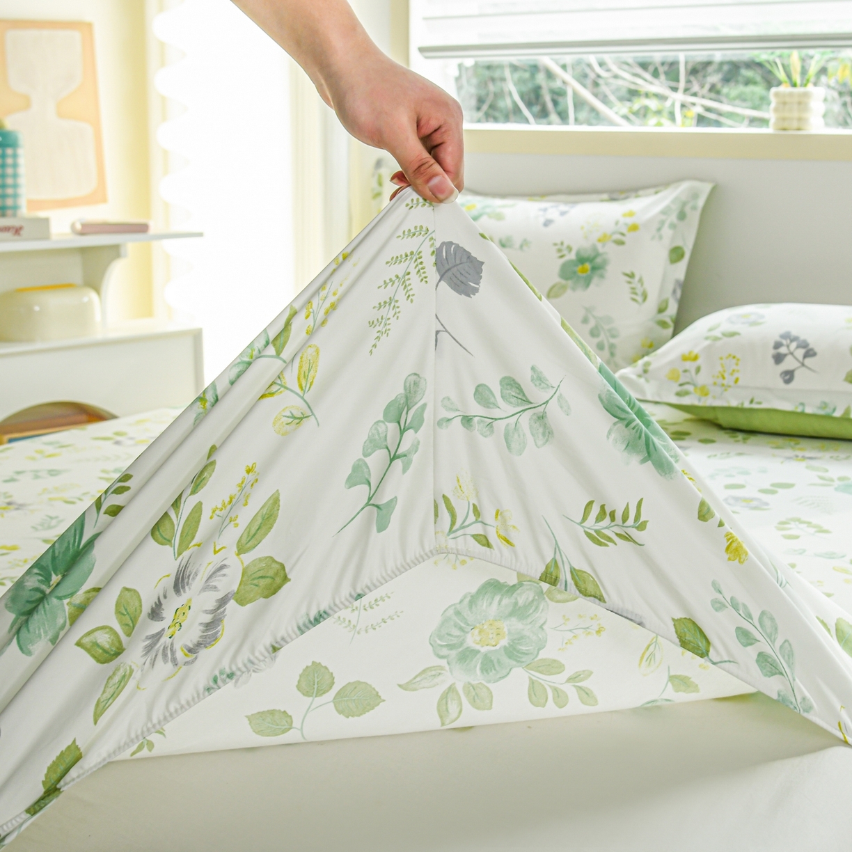91家纺网 家纺一手货源 找家纺 缘舒家纺 2026新款全棉纯棉印花单床笠床笠单件 花韵花香-绿