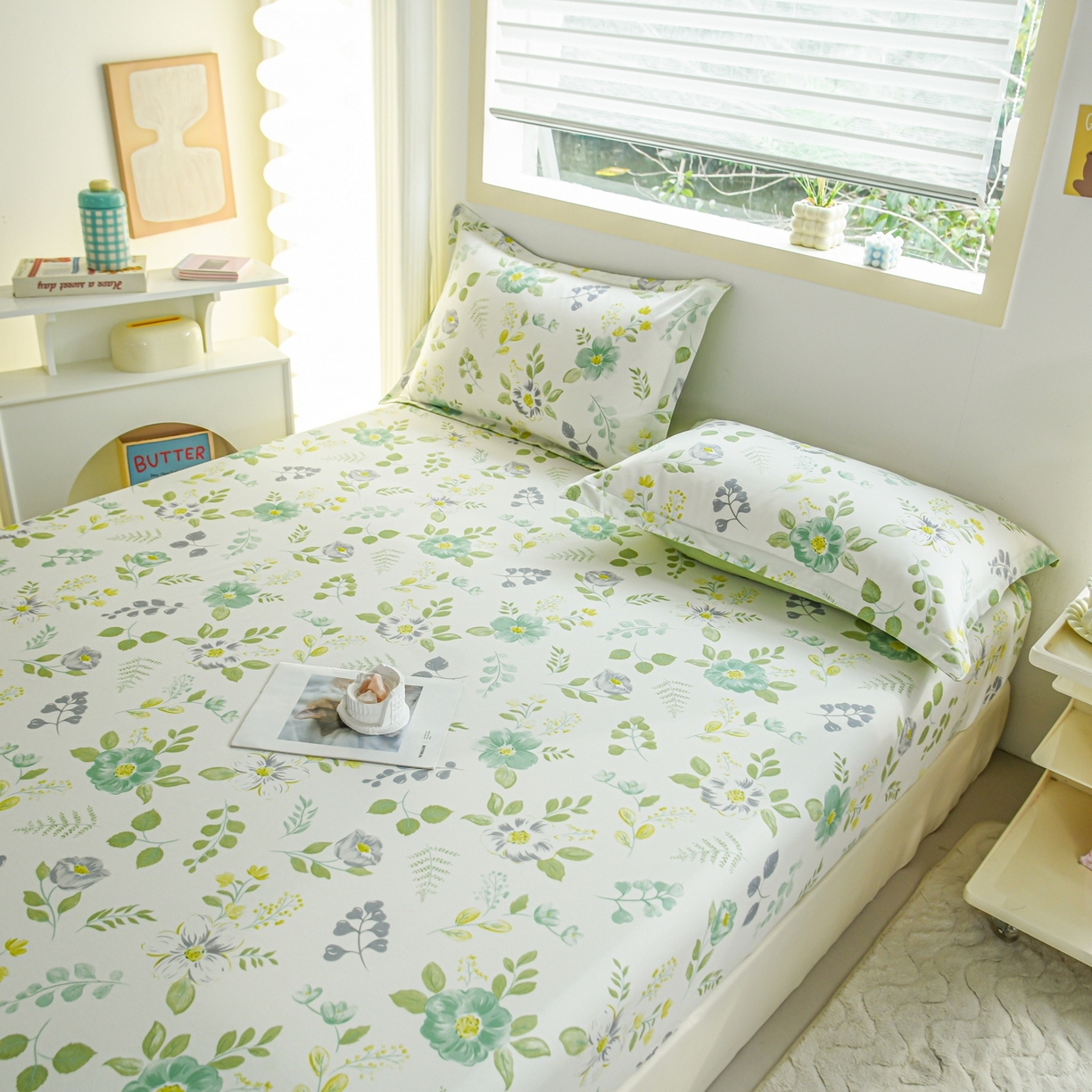 91家纺网 家纺一手货源 找家纺 缘舒家纺 2026新款全棉纯棉印花单床笠床笠单件 花韵花香-绿