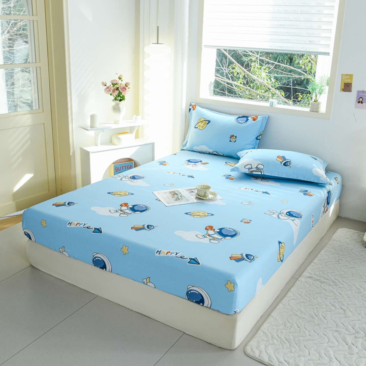 91家纺网 家纺一手货源 找家纺 缘舒家纺 2026新款全棉纯棉印花单床笠床笠单件 卡通类-太空奇遇-大板