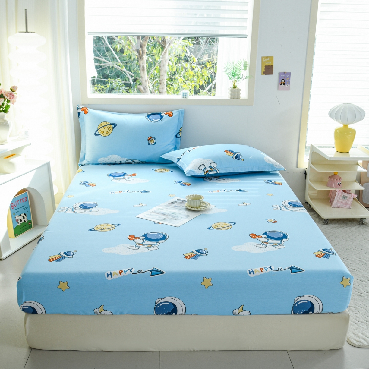 91家纺网 家纺一手货源 找家纺 缘舒家纺 2026新款全棉纯棉印花单床笠床笠单件 卡通类-太空奇遇-大板