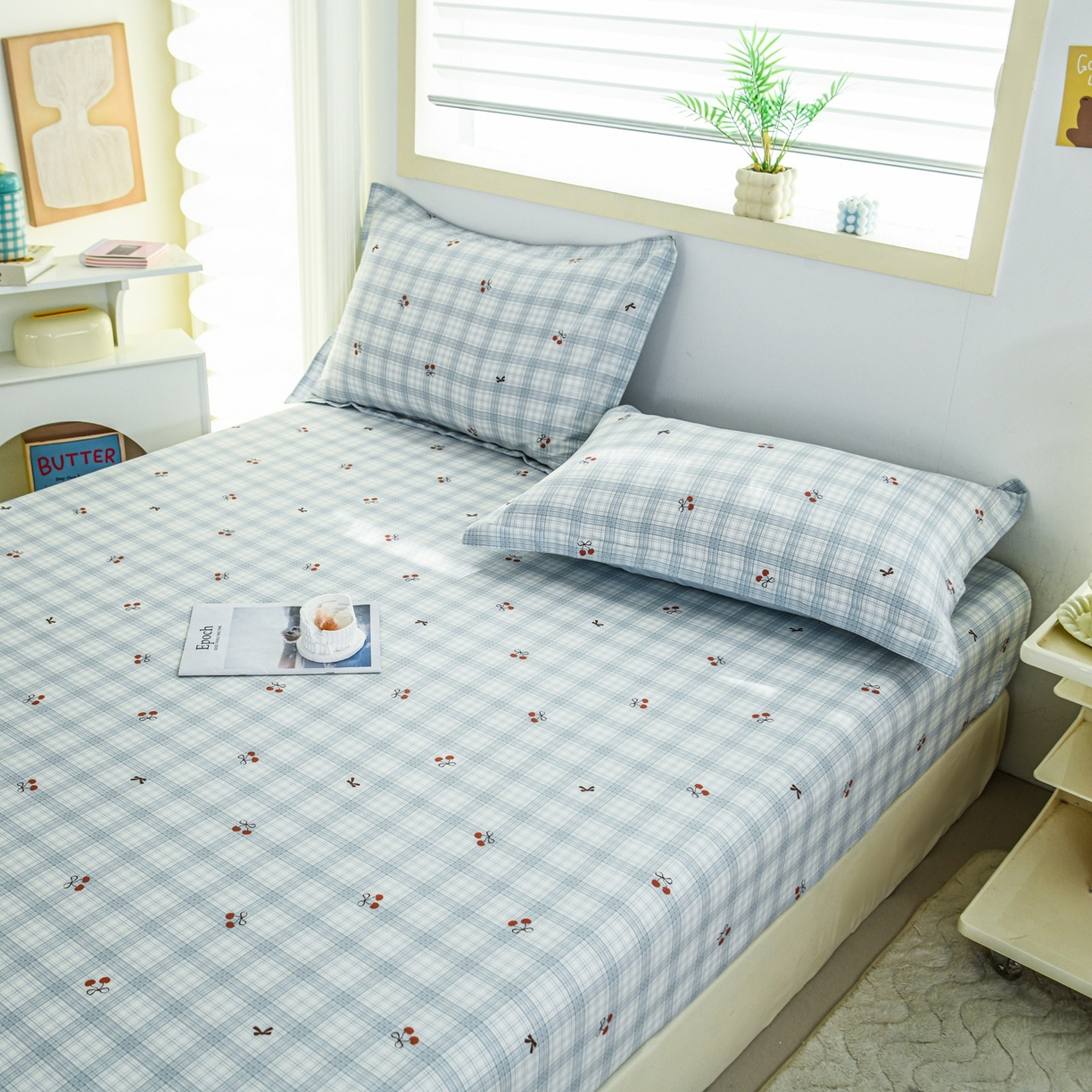 91家纺网 家纺一手货源 找家纺 缘舒家纺 2026新款全棉纯棉印花单床笠床笠单件 蓝格樱桃