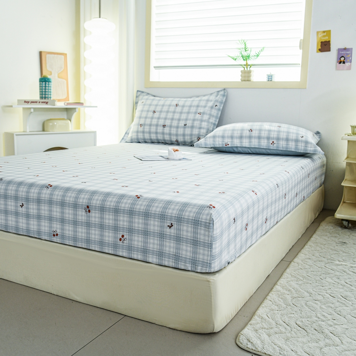 91家纺网 家纺一手货源 找家纺 缘舒家纺 2026新款全棉纯棉印花单床笠床笠单件 蓝格樱桃