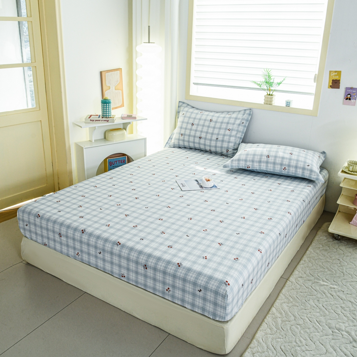 91家纺网 家纺一手货源 找家纺 缘舒家纺 2026新款全棉纯棉印花单床笠床笠单件 蓝格樱桃