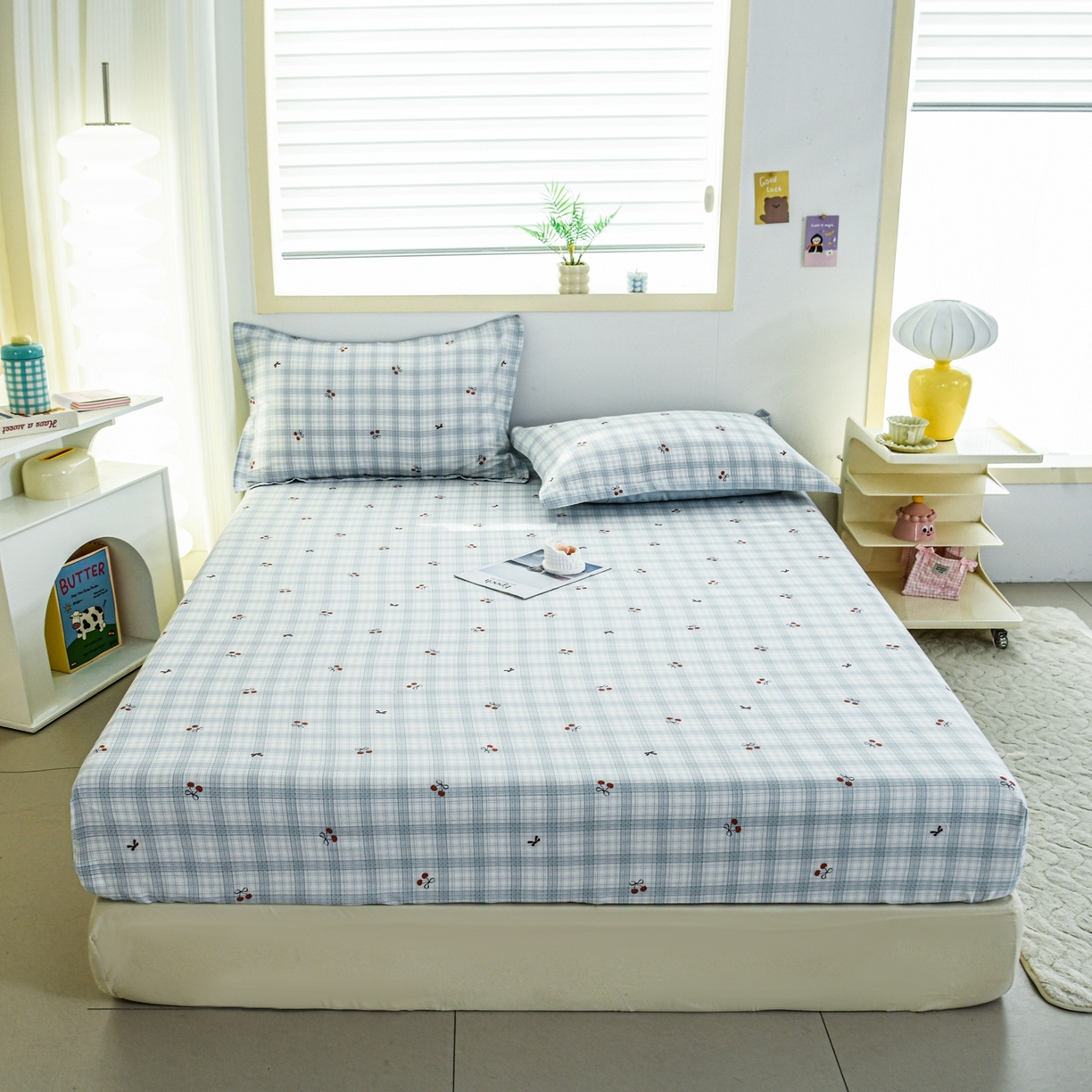 91家纺网 家纺一手货源 找家纺 缘舒家纺 2026新款全棉纯棉印花单床笠床笠单件 蓝格樱桃