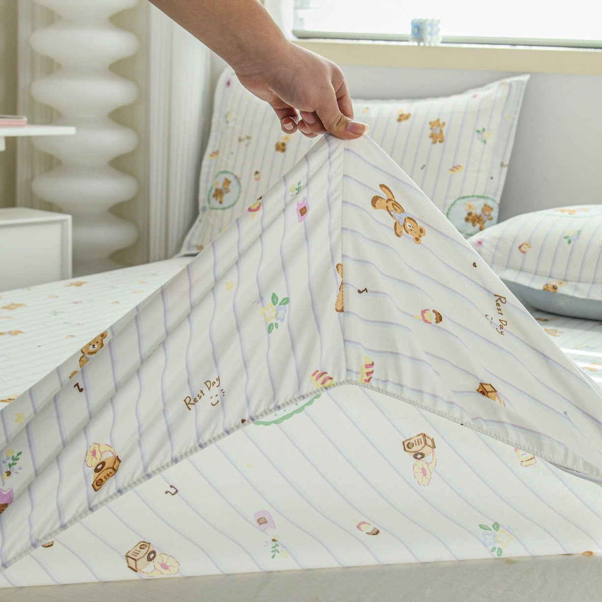 91家纺网 家纺一手货源 找家纺 缘舒家纺 2026新款全棉纯棉印花单床笠床笠单件 小熊假日