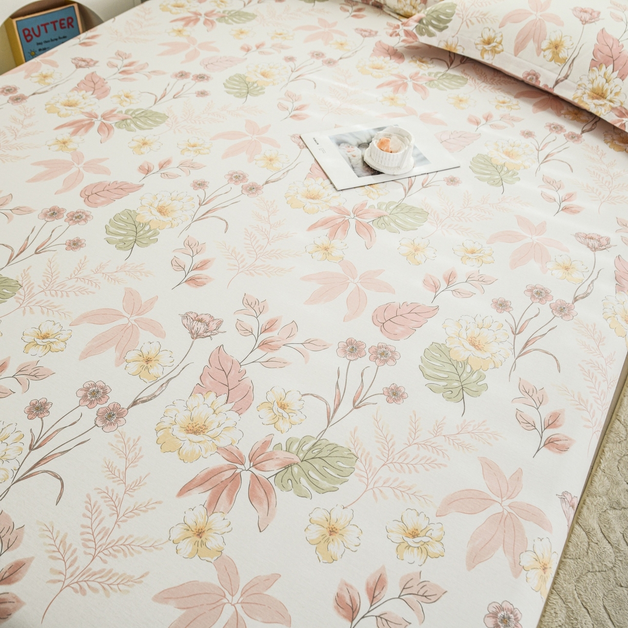 91家纺网 家纺一手货源 找家纺 缘舒家纺 2026新款全棉纯棉印花单床笠床笠单件 叶柔-粉