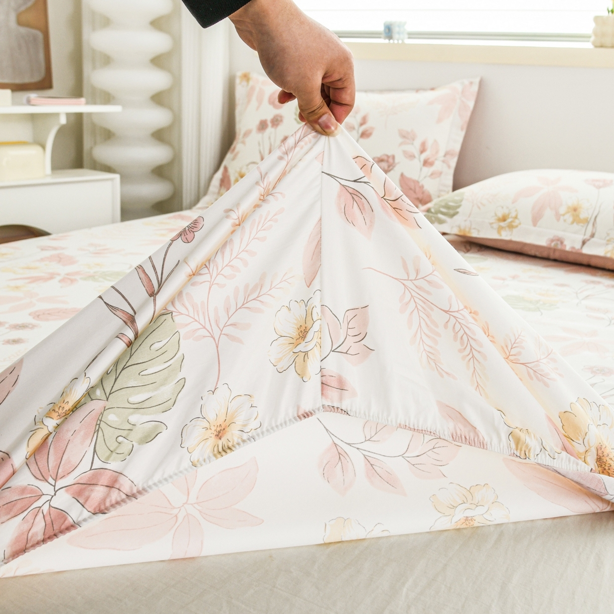 91家纺网 家纺一手货源 找家纺 缘舒家纺 2026新款全棉纯棉印花单床笠床笠单件 叶柔-粉