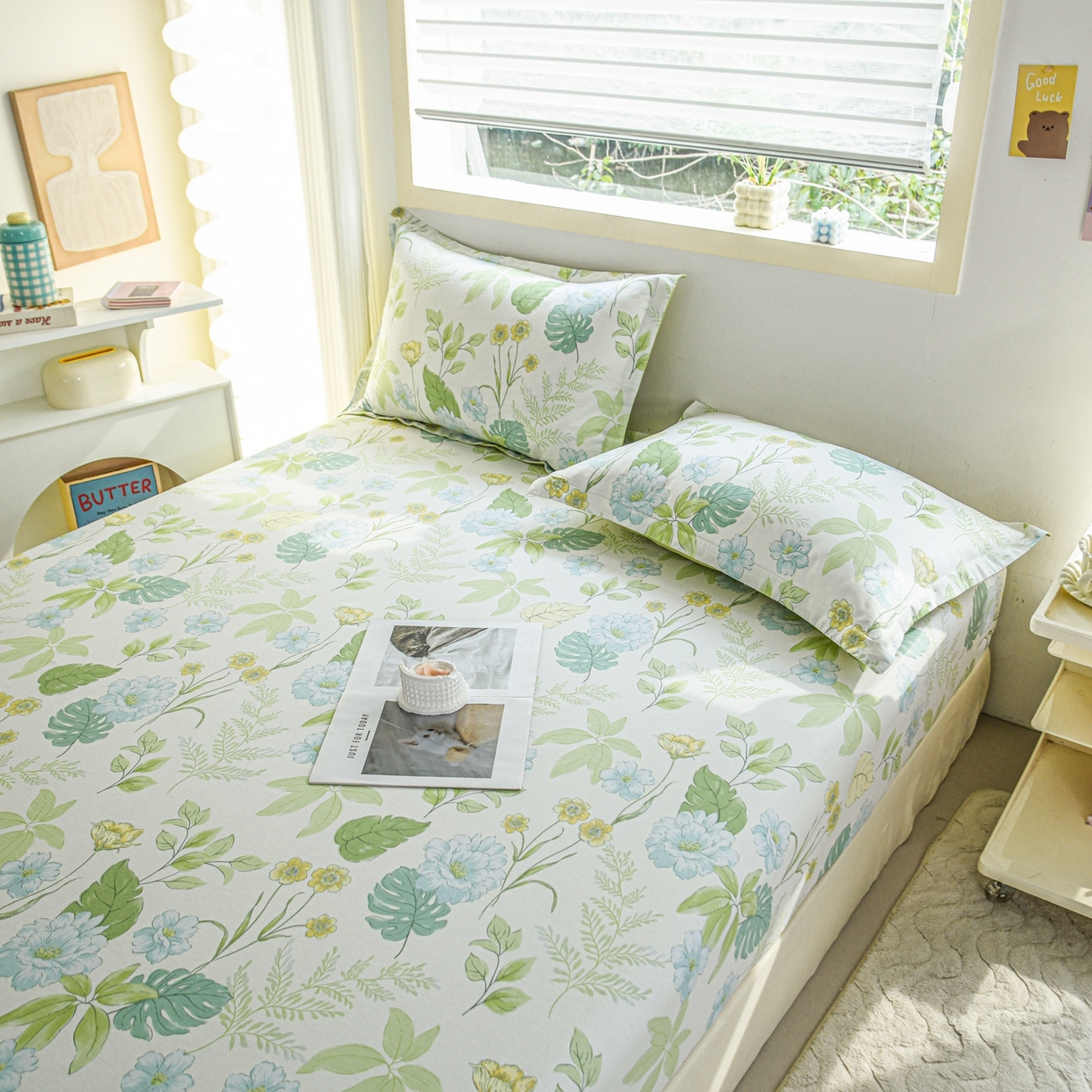 91家纺网 家纺一手货源 找家纺 缘舒家纺 2026新款全棉纯棉印花单床笠床笠单件 叶柔-绿