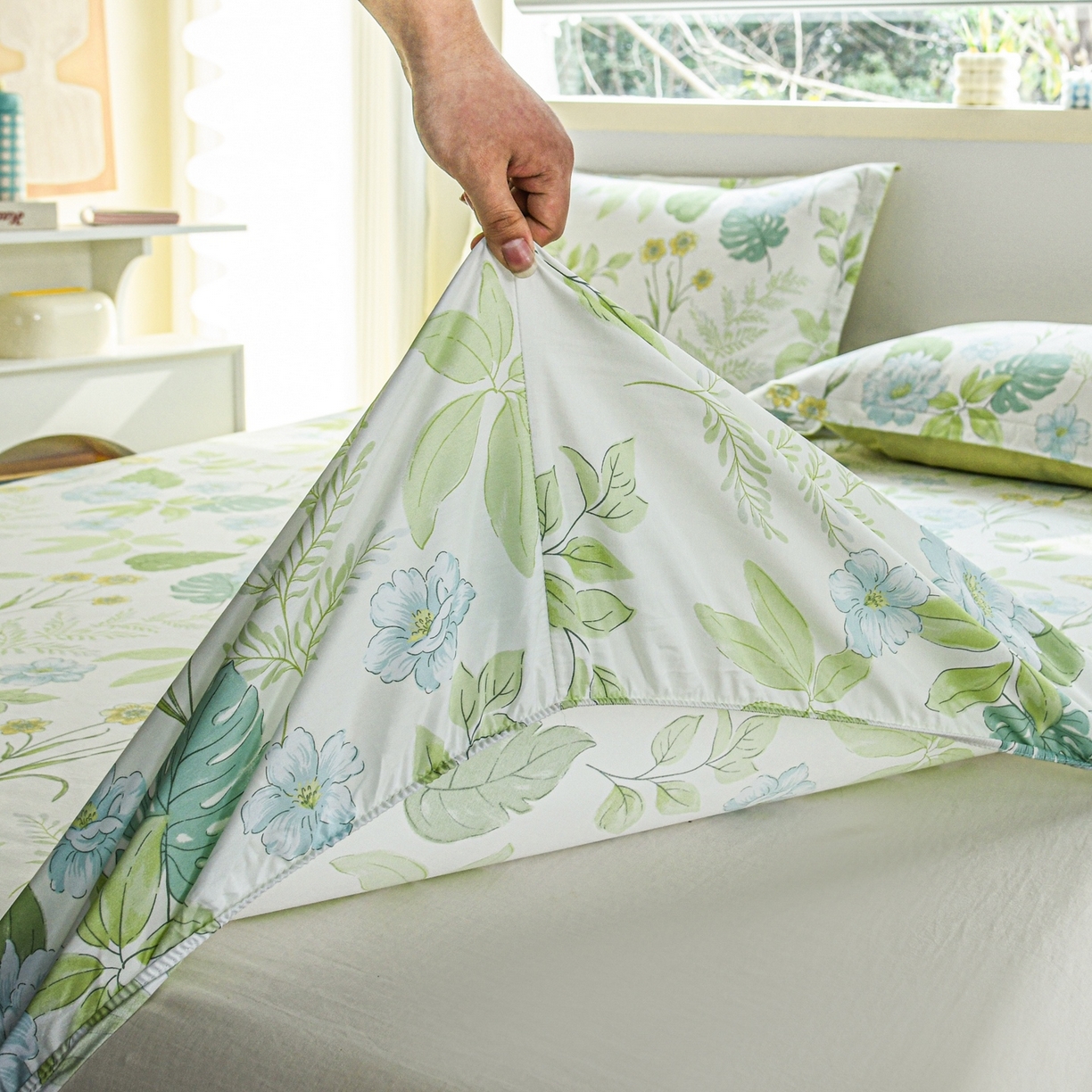 91家纺网 家纺一手货源 找家纺 缘舒家纺 2026新款全棉纯棉印花单床笠床笠单件 叶柔-绿