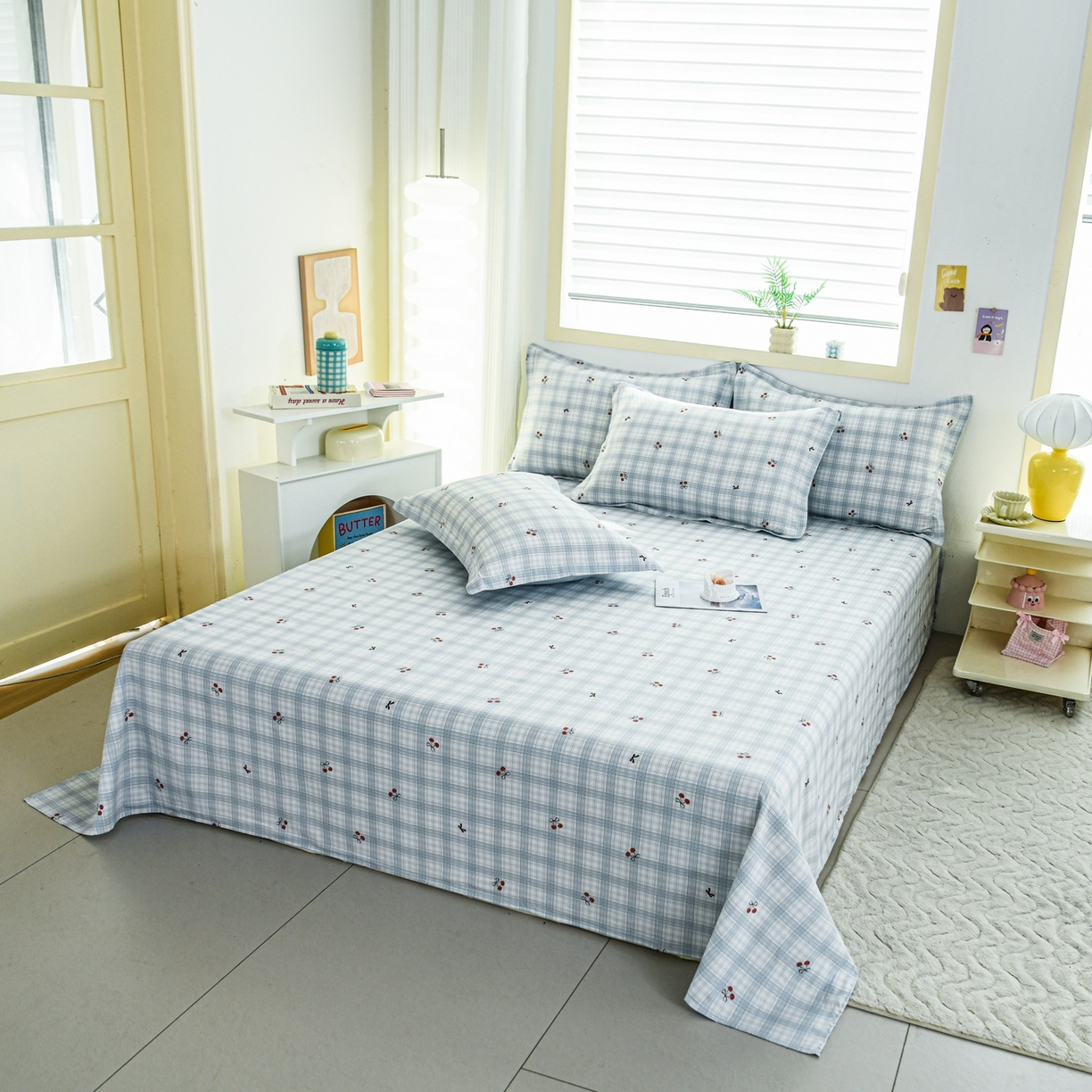 91家纺网 家纺一手货源 找家纺 缘舒家纺 2026新款全棉纯棉印花单床单床单单件 蓝格樱桃