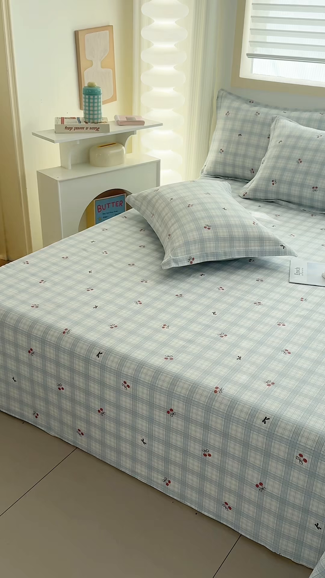 91家纺网 家纺一手货源 找家纺 缘舒家纺 2026新款全棉纯棉印花单床单床单单件 蓝格樱桃