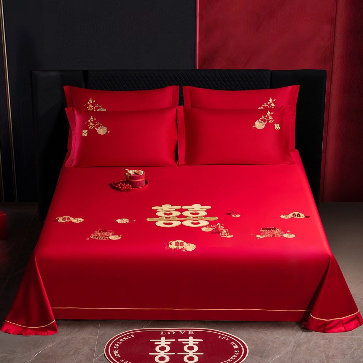 91家纺网 家纺一手货源 找家纺  千禧家纺 2026新款长绒棉绣花婚庆三件套 新婚喜乐