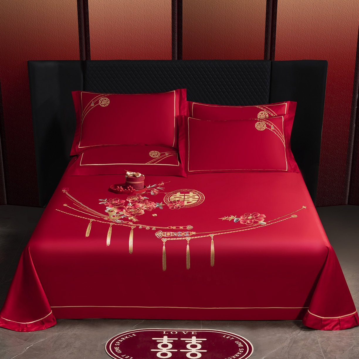 千禧家纺 2026新款长绒棉绣花婚庆三件套 花嫁喜事