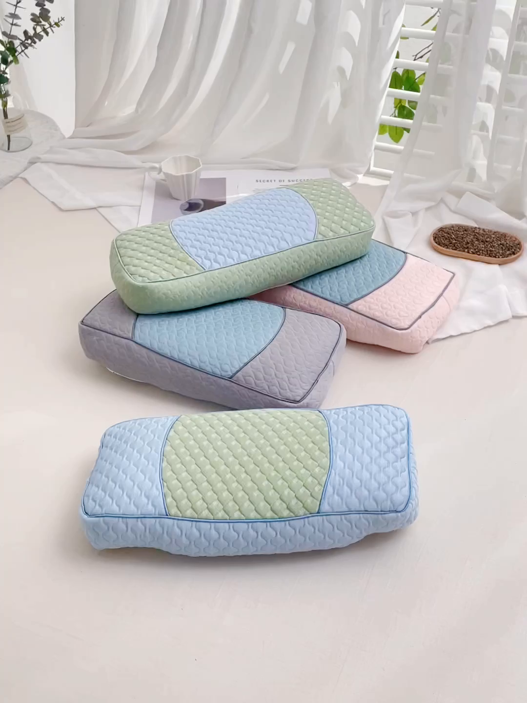 91家纺网 家纺一手货源 找家纺 （总）仁宇枕业 2026新款拼色宫廷夏季冰豆豆凉豆豆荞麦枕枕头枕芯